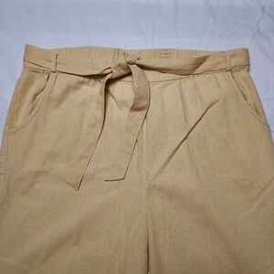 White Stag Yellow Linen Blend Wide Leg Cropped Belt Tie Pants Elastic Waist 34